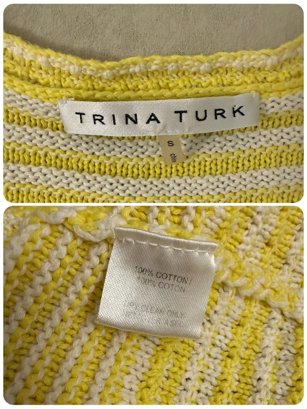 Trina Turk Yellow White Striped Cotton Knit Button-Front Cardigan Sweater Sz S